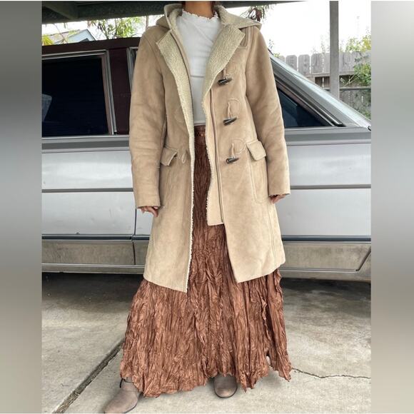 🔥GAP Faux Suede Shearling Mid Length Hooded Coat Jacket Toggle Button Size S - Picture 3 of 15